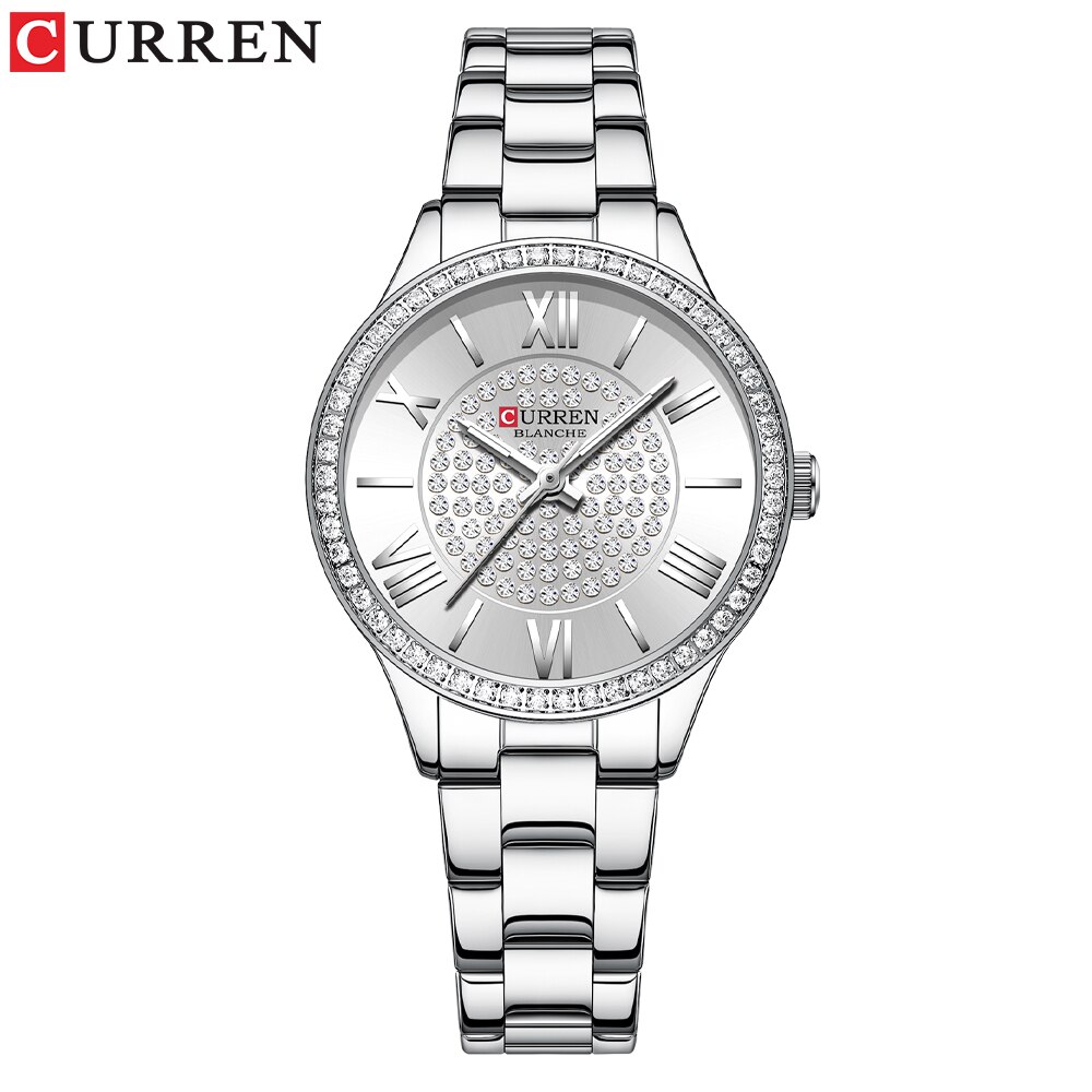 Curren Luxe Golden Dial Horloges Voor Vrouwen Met Rvs Band Mode Strass Dames Horloge Met Lichtgevende: silver