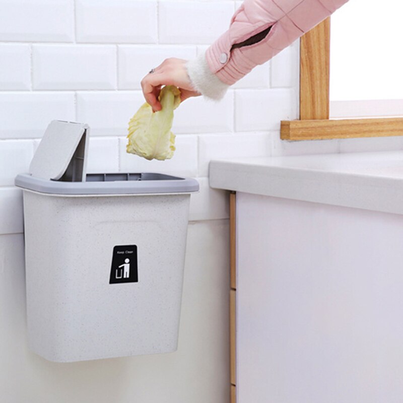 Cubo de basura colgante para cocina, papelera pequeña con tapa de empuje para colgar en la pared, 1 unidad