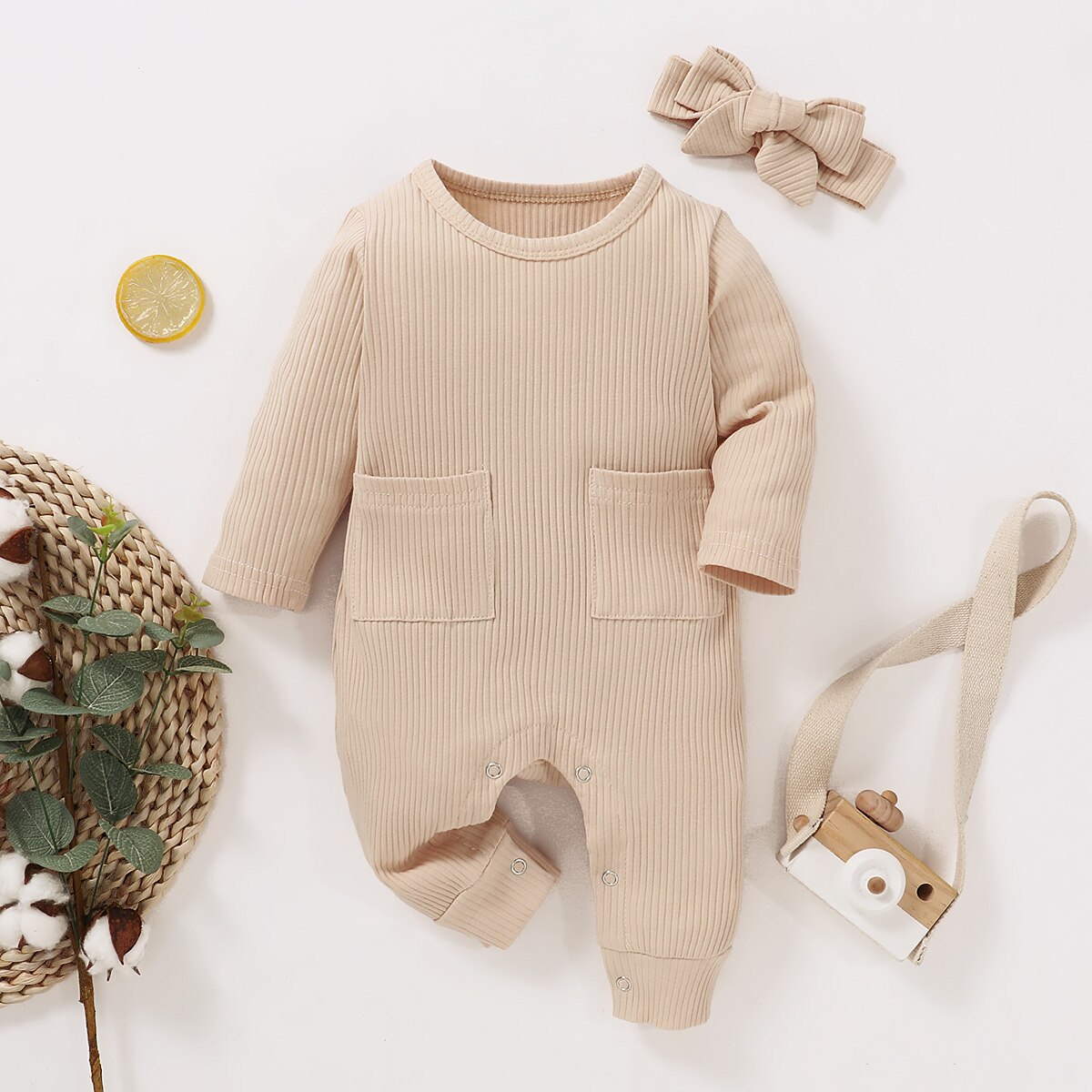 Newborn Infant Baby Girls Boys Solid Ribbed Romper Long Sleeve Snap Button Crotch Jumpsuit Front Pockets Bowknot Hairband 2Pcs