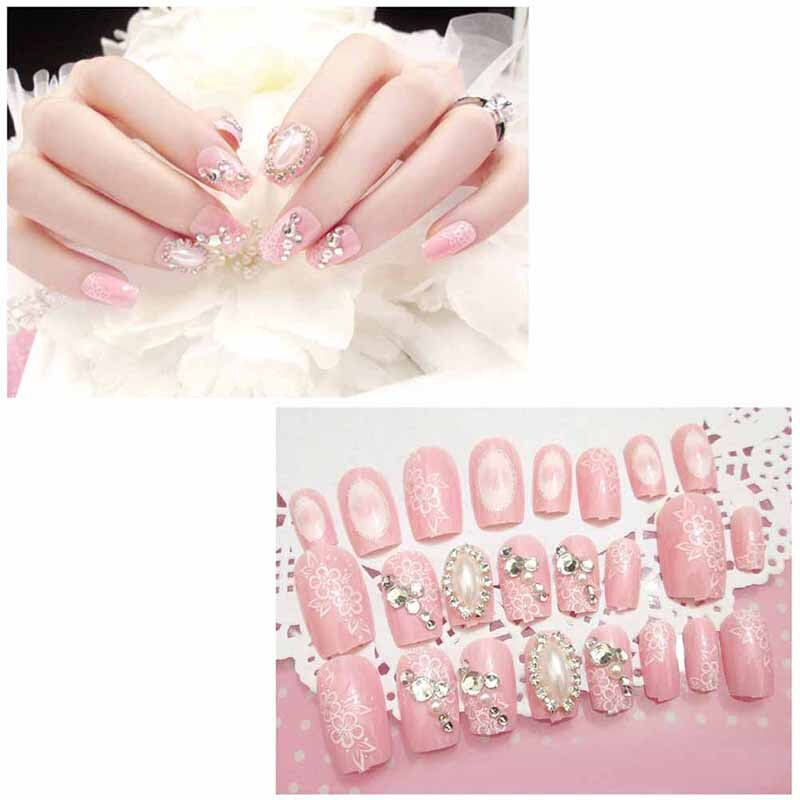 24 pièces rose mariage mariée ongles complets conseils avec colle fleurs brillant 3D diamant strass faux Nail Art Tool: C3