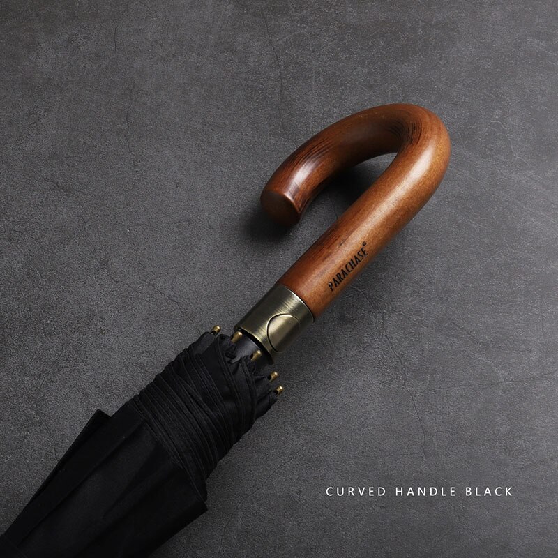 Parachase Big Umbrella Men Women Rain Double Layer Windproof 8 Ribs Wood Long Handle Umbrella Automatic Strong Guarda Chuva: Black-Hook