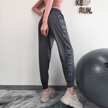 F.DYRAA Frauen Atmungsaktiv Hohe Taille Sport Hosen Seite knapp gedruckt Hohe strecken Jogger Mujer Hosen bequem verlieren Hosen: grau / XL