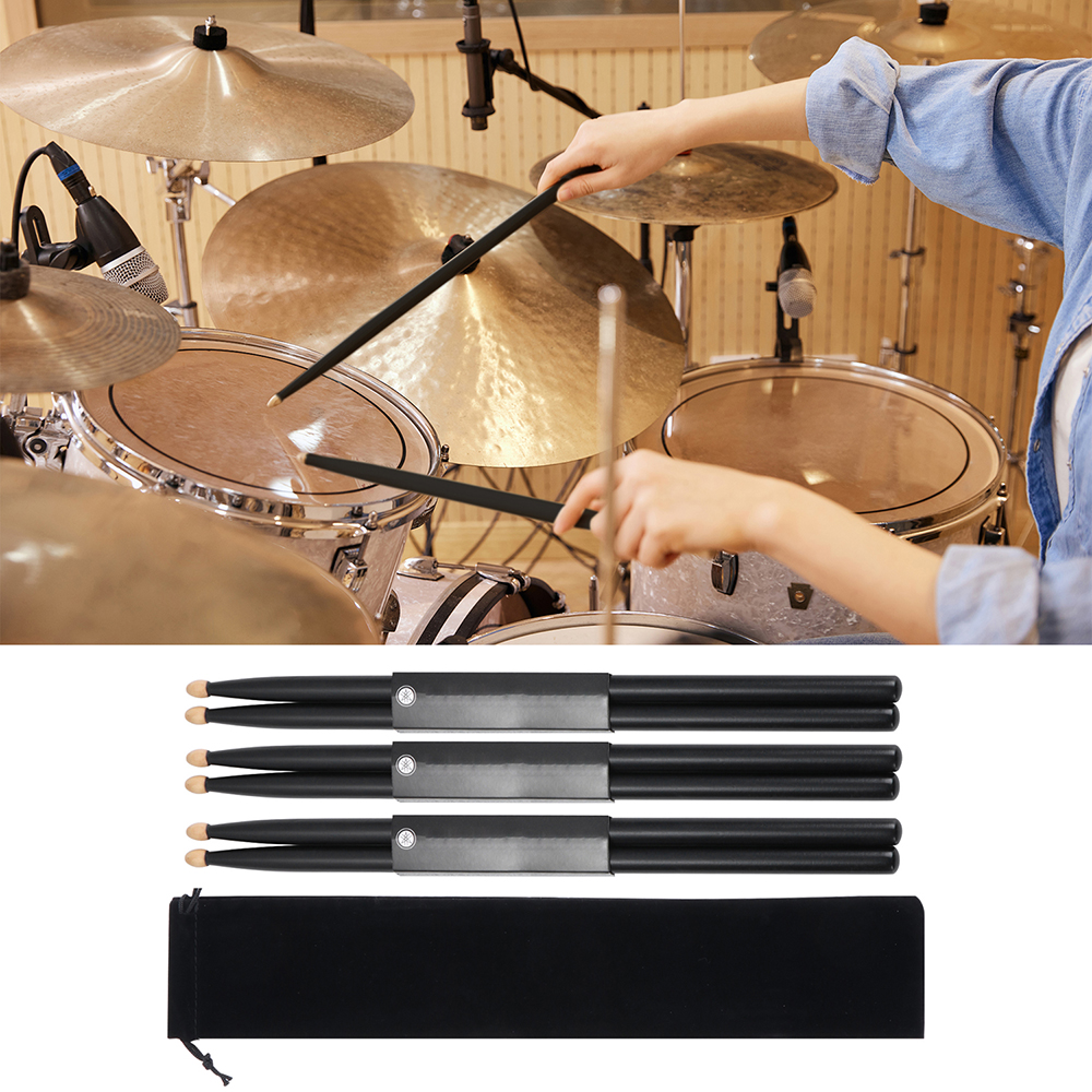 Baquetas de madera de arce negro para principiantes, palitos de tambor profesionales 5A, instrumentos musicales, con bolsa de transporte, 1 par