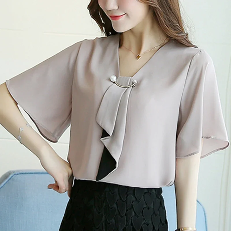 Nova primavera moda chiffon camisa feminina blusa de manga curta plus size roupas femininas solto arco pescoço blusas d560 50
