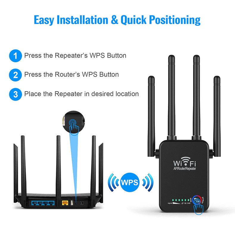 Kuwfi wifi repetidor banda dupla 2.4/5g 1200mbps poderoso wifi roteador wi-fi extensor 4 * 2dbi antena de longo alcance wlan wi-fi amplificador