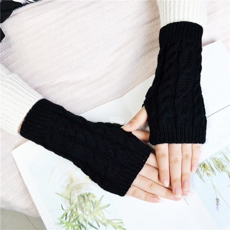 Frauen Wolle Handschuh warm Finger Handschuhe Hand Wärmer Winter Frauen Arm Häkeln betroffen Faux Handschuhe Gants Femme Handschuhe: Schwarz