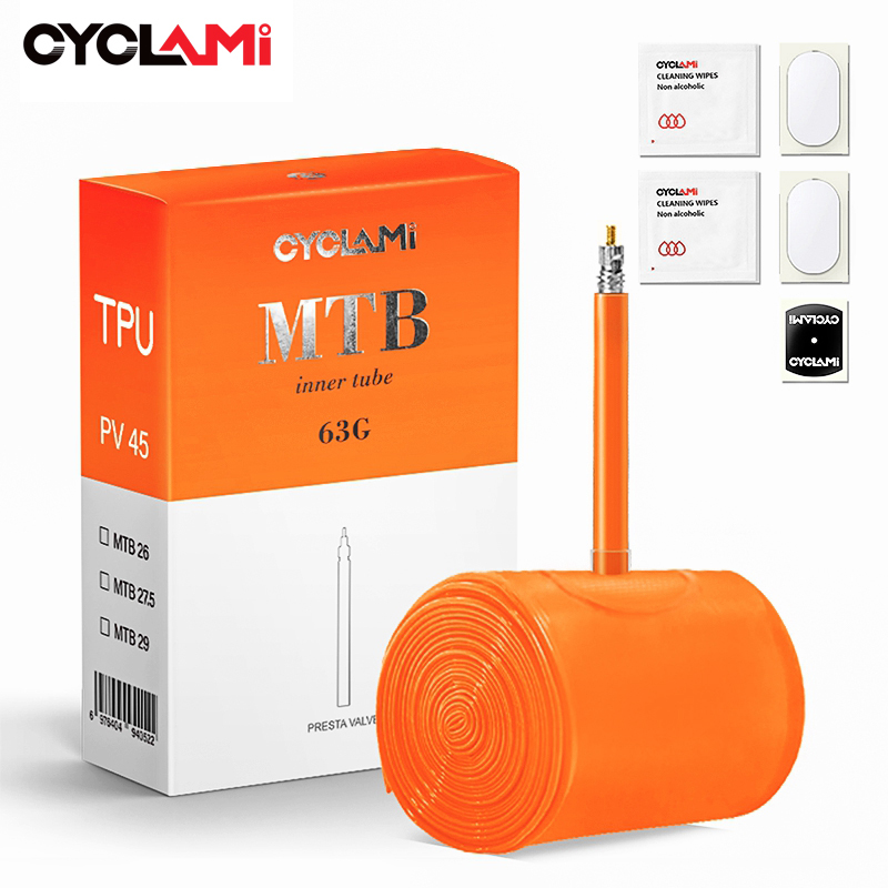CYCLAMI Nueva versión Cámara de aire ultraligera para bicicleta de montaña de 26, 27,5 y 29 pulgadas Neumático de material TPU Válvula francesa de 45 mm: Marfíl / 18 pulgadas / 40 mm