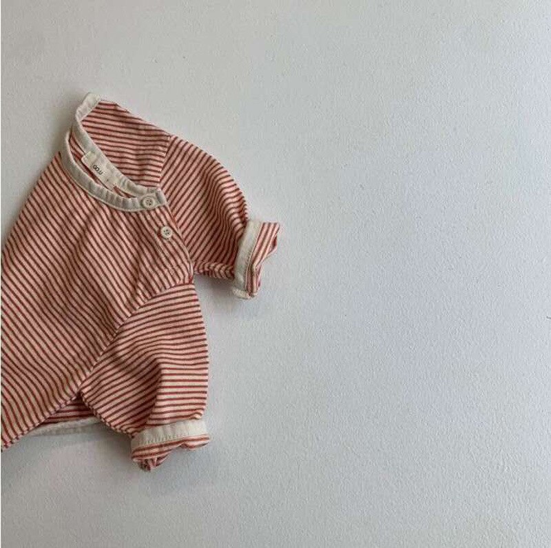 Spædbarn piger blød bomuld langærmet t-shirt baby sød stribet bund skjorte toddler drenge toppe: Rød / 9m