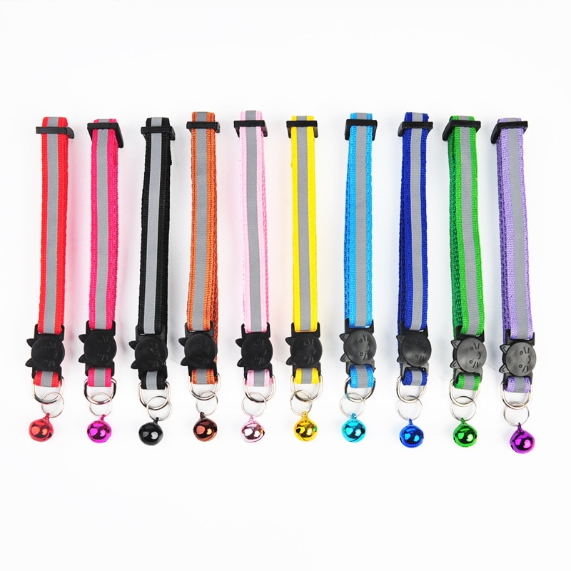 Collier en Nylon avec cloches pour chat, 10 couleurs, boucles réglables, , réfléchissant, motif de tête de chat, fournitures de