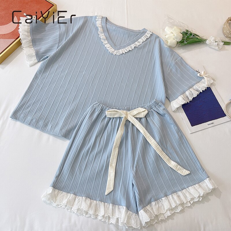 CAIYIER Summer Sweet Girl Lace Pajamas Set Cotton Pink Blue Short Sleeve Sleepwear Princess Style Ladies 3 Piece Nightwear