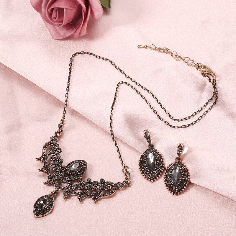 Kinel Luxe Grijs Kristal Bloem Vrouwen Oorbel Ketting Vintage Sieraden Sets Goud Kleur Turkse Strass Bruiloft Sieraden