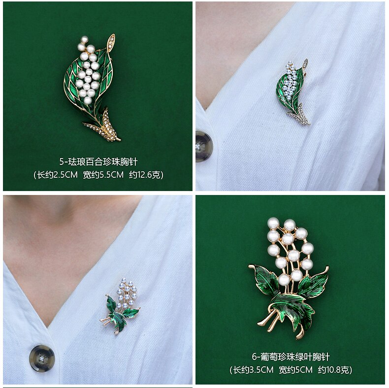 Huanzhi Retro Emaille Druipen Glazuur Parel Bel Orchidee Bloemen Groene Plant Broche Voor Vrouwen Kraag Accessoires Sieraden