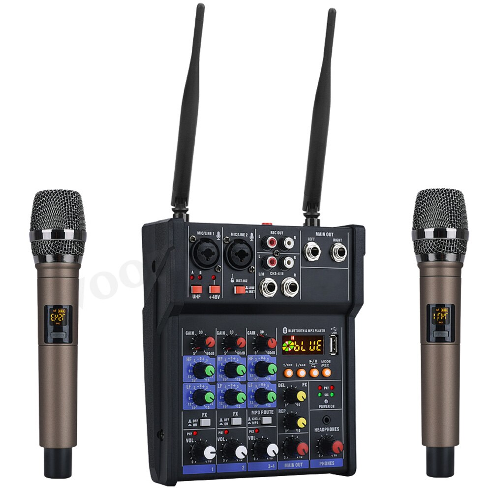 4 Channel Audio Mixer Console With Wireless Microphone Sound Mixing With Bluetooth Usb Mini Dj Mixer for Computer Recording