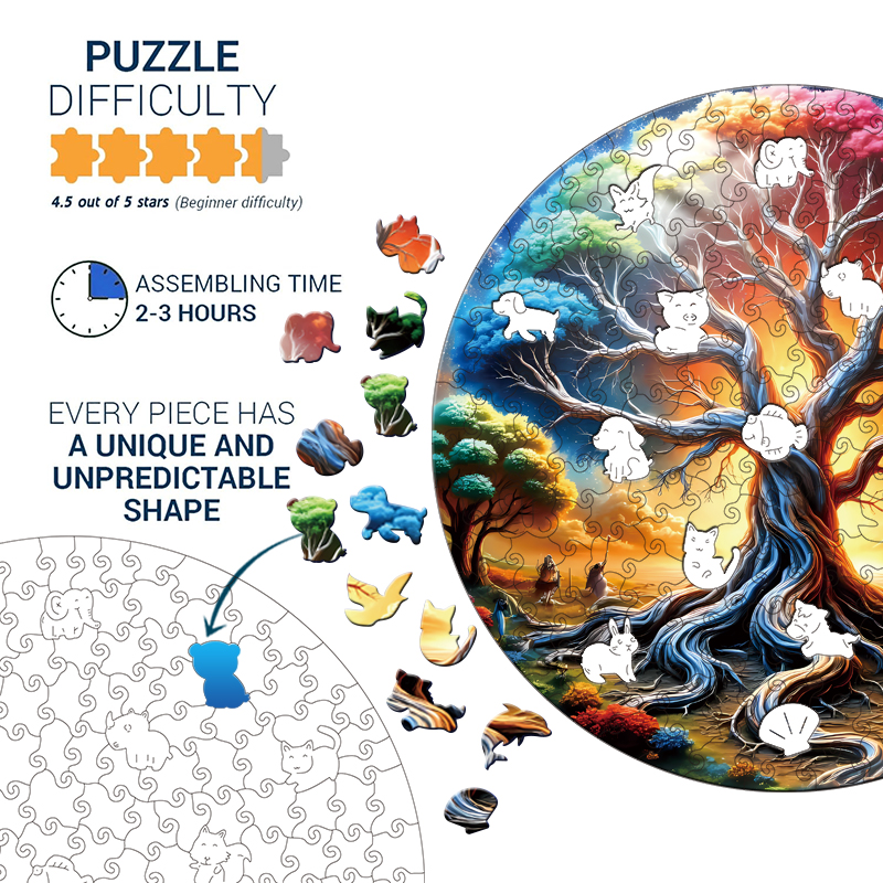 Colourful Tree Wooden Puzzle for Adults, Unique Shaped Pieces, Exquisite Box, Brain Exercise, Room Decor,