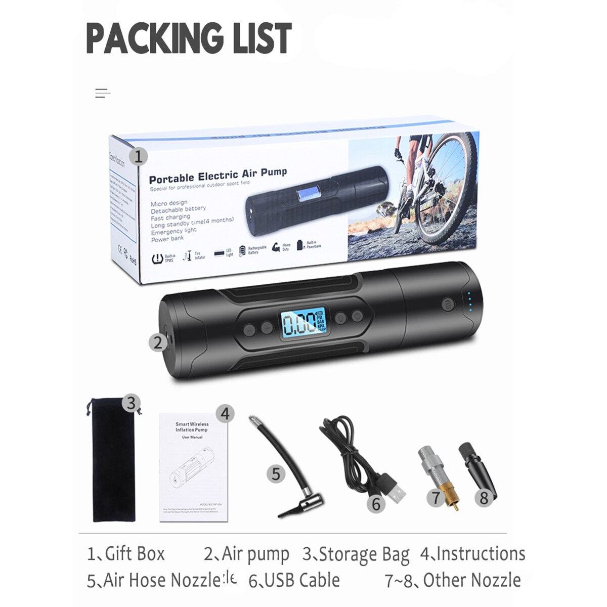 35L/min cordless portable air compressor 150PSI car electric bicycle tire pump, with digital LED light power supply