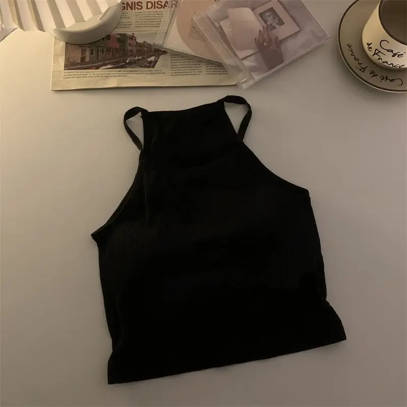 Camisetas sin mangas para mujer versión coreana, Top corto informal liso con almohadilla en el pecho, ropa exterior sin mangas a rayas, camisola básica: Negro
