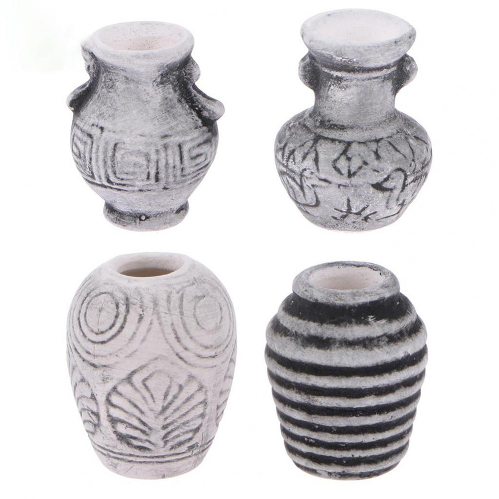 4Pcs Poppenhuis Vaas Miniatuur Handgemaakte Landschap Accessoire Keramische 1/12 Schaal Simulatie Poppenhuis Vaas Voor Tuin Scène
