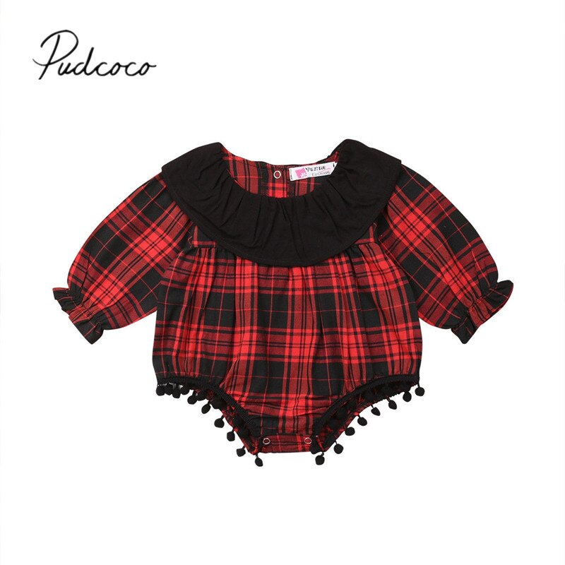 Brand Newborn Infant Baby Girl Boy 0-24M Tassel Bodysuit Long Sleeve Ruffles Plaid Red Jumpsuit Playsuit Outfit Autumn