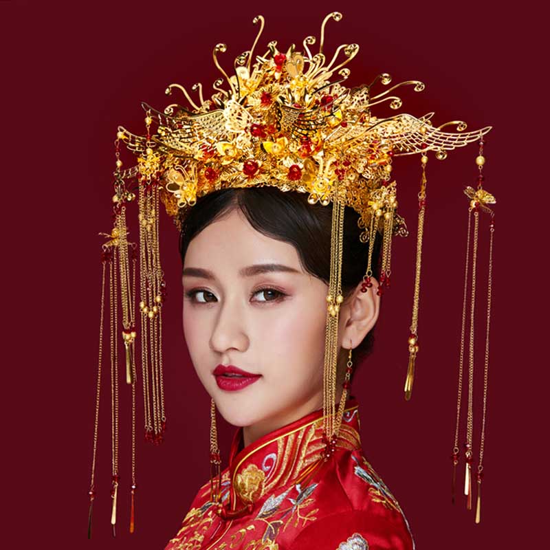 Chinese Wedding Traditional Phoenix Coronet Long Tassel Tiaras Crowns Earrings Bride Wedding Party Jewelry Sets
