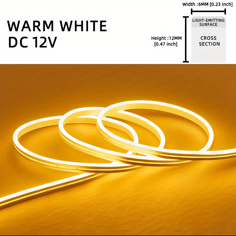 1 Roll 12V 196.85in/5M LED Flexible Silicone Neon Light, Outdoor LED Strip Lights Waterproof, 2835 12-bead Neon Light, 12V 6*12: Warm White
