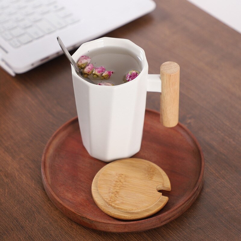 380ml Wood Handle Ceramic Coffee Mug Polygonal Office Home Milk Tea Cup For