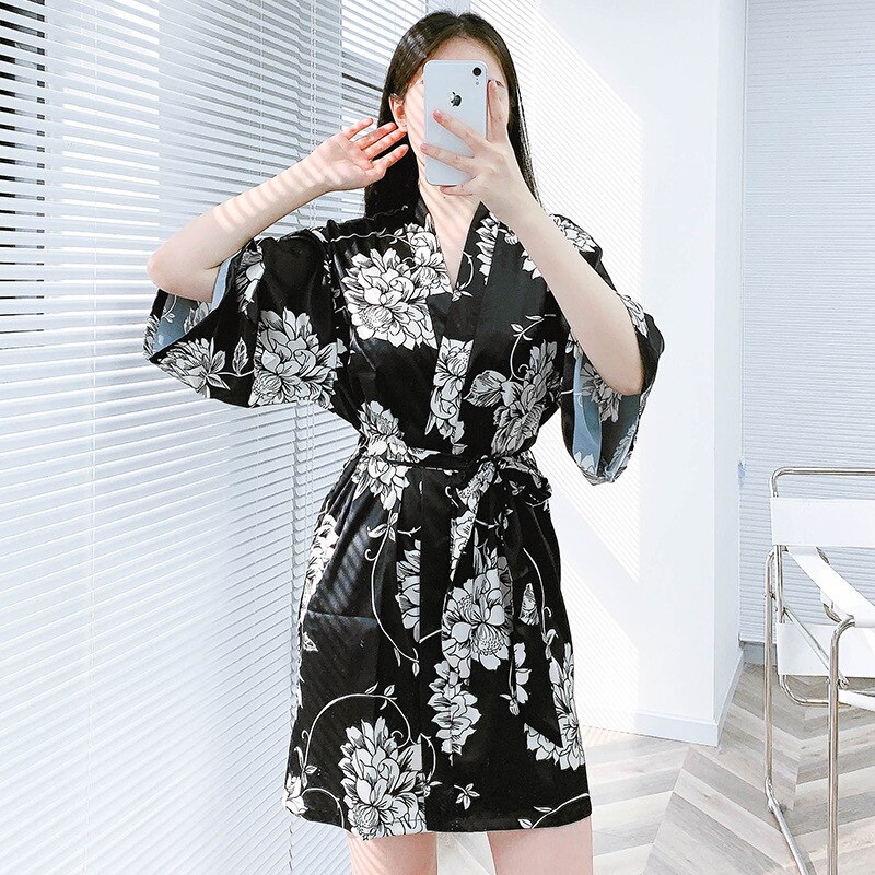 Women's Nightgown Ice Silk Pajamas Summer Printed Home Clothes Kimono Robe Bathrobe Sexy Sleepwear Nightie