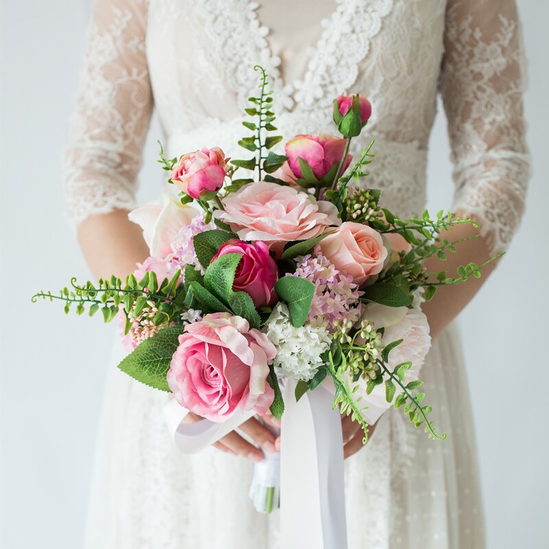 JaneVini Kunstmatige Roze Bloem Bruidsboeketten Zijde Bridal Bruid Boeket Novio Rose Pioen Bloem Boeket voor Bruidsmeisjes: Default Title