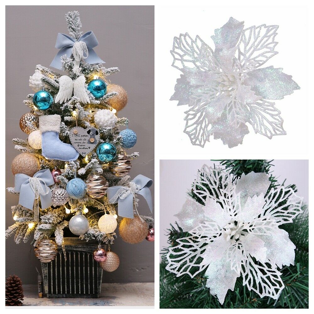 6 stk hvid glitter kunstige blomster til juletræ dekoration diy julepynt hjem bryllupsfest dekoration