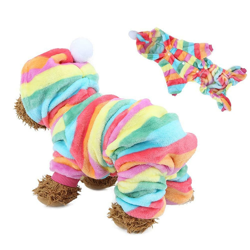 Regenboog Gestreepte Hond Jumpsuit Outfits Capuchon Zachte Flanel Winter Kerst Puppy Hond Warme Kleding Jas Teddy Kostuum Sml Xl