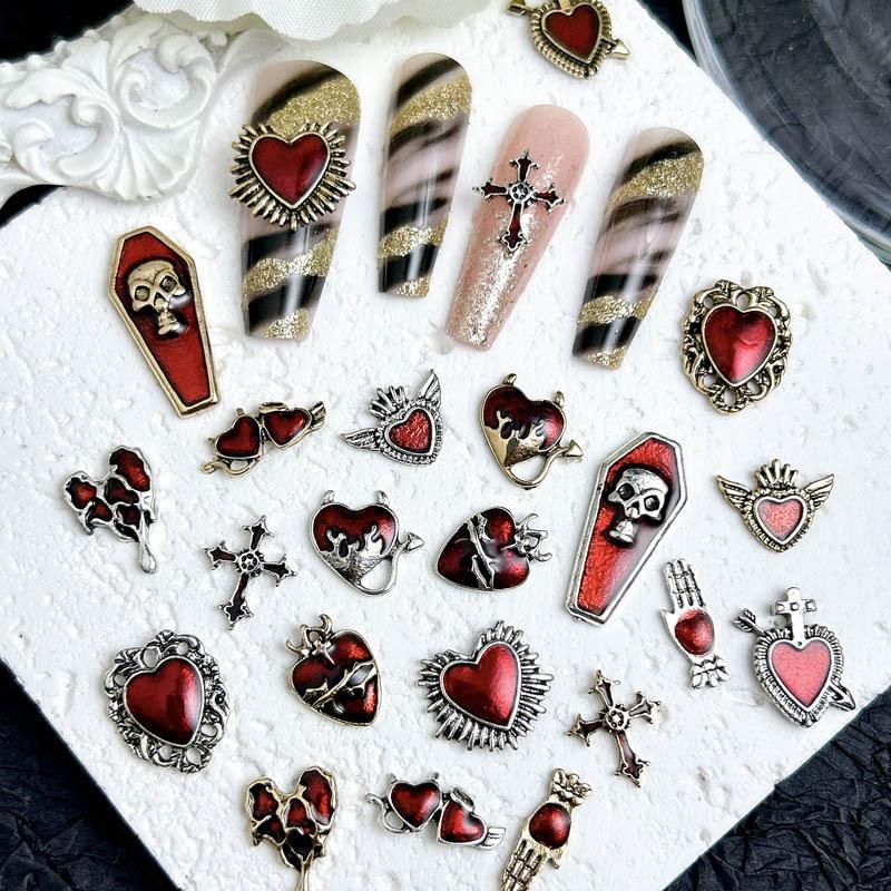 Nuevos dijes de aleación Retro para uñas con forma de corazón, Cruz de Metal 3D, calavera, prensa francesa, accesorios de decoración para uñas, manualidades DIY Y2K
