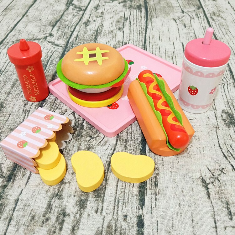 Baby Speelgoed Aardbei Simulatie Hamburger Frieten Houten Speelgoed Voor Kinderen Dog Set Kicthen Voedsel Speelgoed Educatief