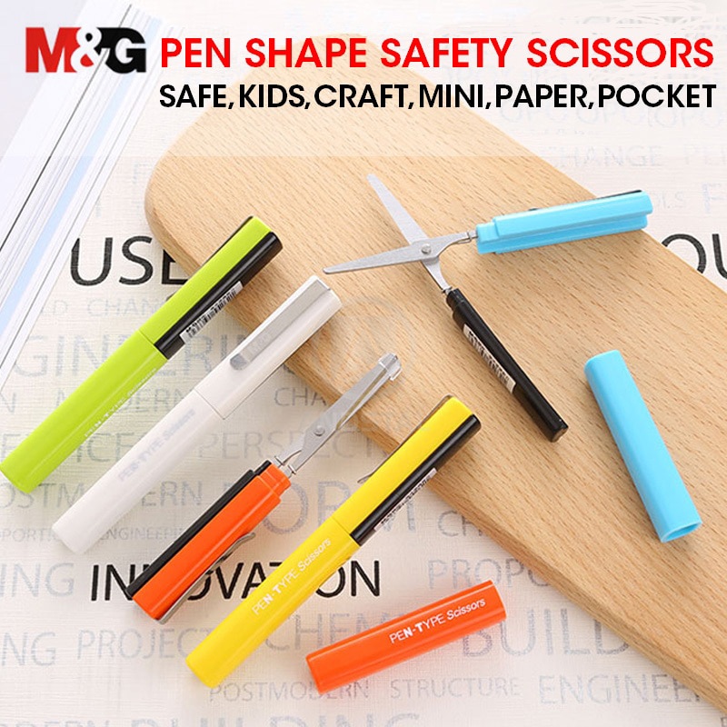 M&G Mini Pen Shape Scissors Craft Kids School Folding Safety Portable Paper Cute Scissors with Clip scissor stationery office