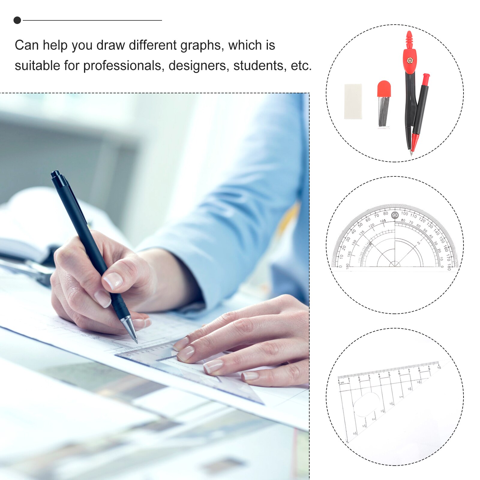 1 Set Carton Compass Ruler Tool Geometry Drawing Tool Engineering Drawing Ruler (Random Color)