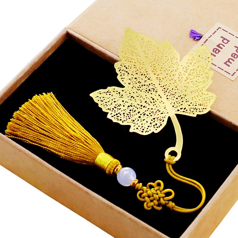 Retro Metal Brass Maple Leaf Chinese Knot Tassel Bookmark Student School Stationery for Children Papelaria: Gold copper