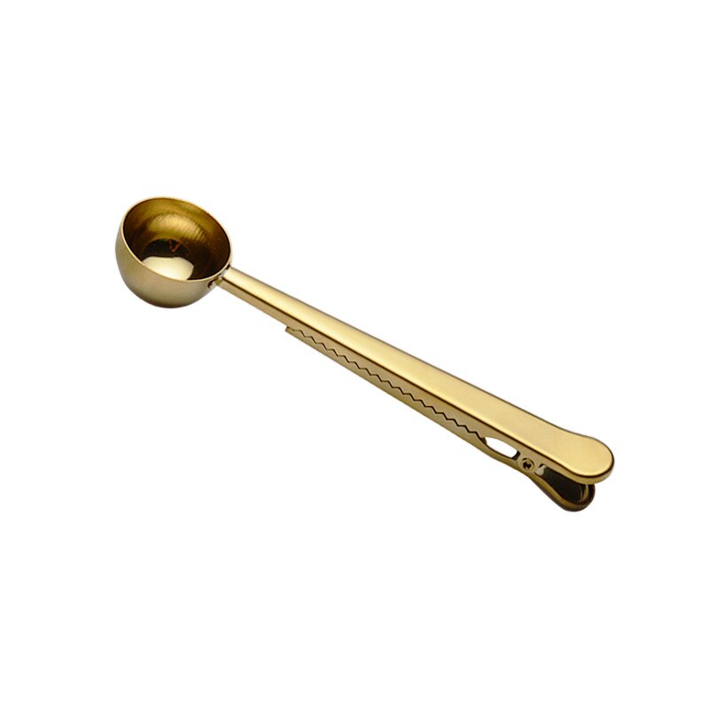 1pc roestvrijstalen multifunctionele voedsellepels, melk, thee, gemalen koffie, schepjes met zakjesklem, afsluitpoeder, drinkgerei, gereedschap: Gouden