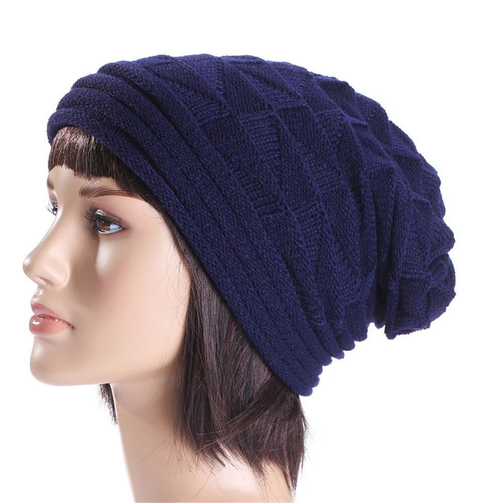 Mænd kvinder hue hue strik skihue vinter varm løs uldhue kvinde mandlige skullies elastiske baggy hæklede kasketter: Blå