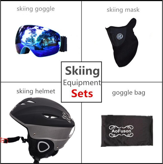 Ski Apparatuur Set Dubbele Lagen Anti-Fog Big Vision Snowboard Goggle Masker Vrouwen & Mannen Skiën Sneeuwscooter Winter Warm sport Helm: blue / 59-62 CM