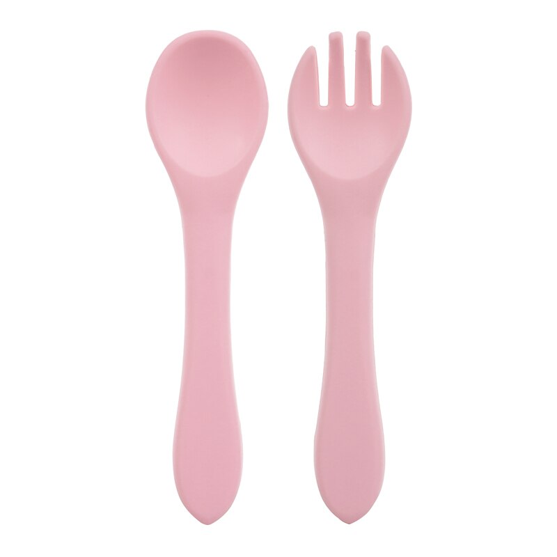 Cuchara de manija de madera silicona para alimentación de niños, utensilios para comer comida sólida, entrenamiento, capacidad de manipulación, vajilla: 024-blush pink