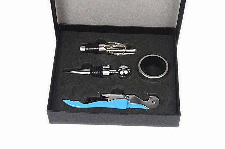 1 set 4 in 1 rode wijnflesopener kurkentrekker wijnflesopener + stop + ring + schenktuit set met doos willekeurige kleur  lj 014