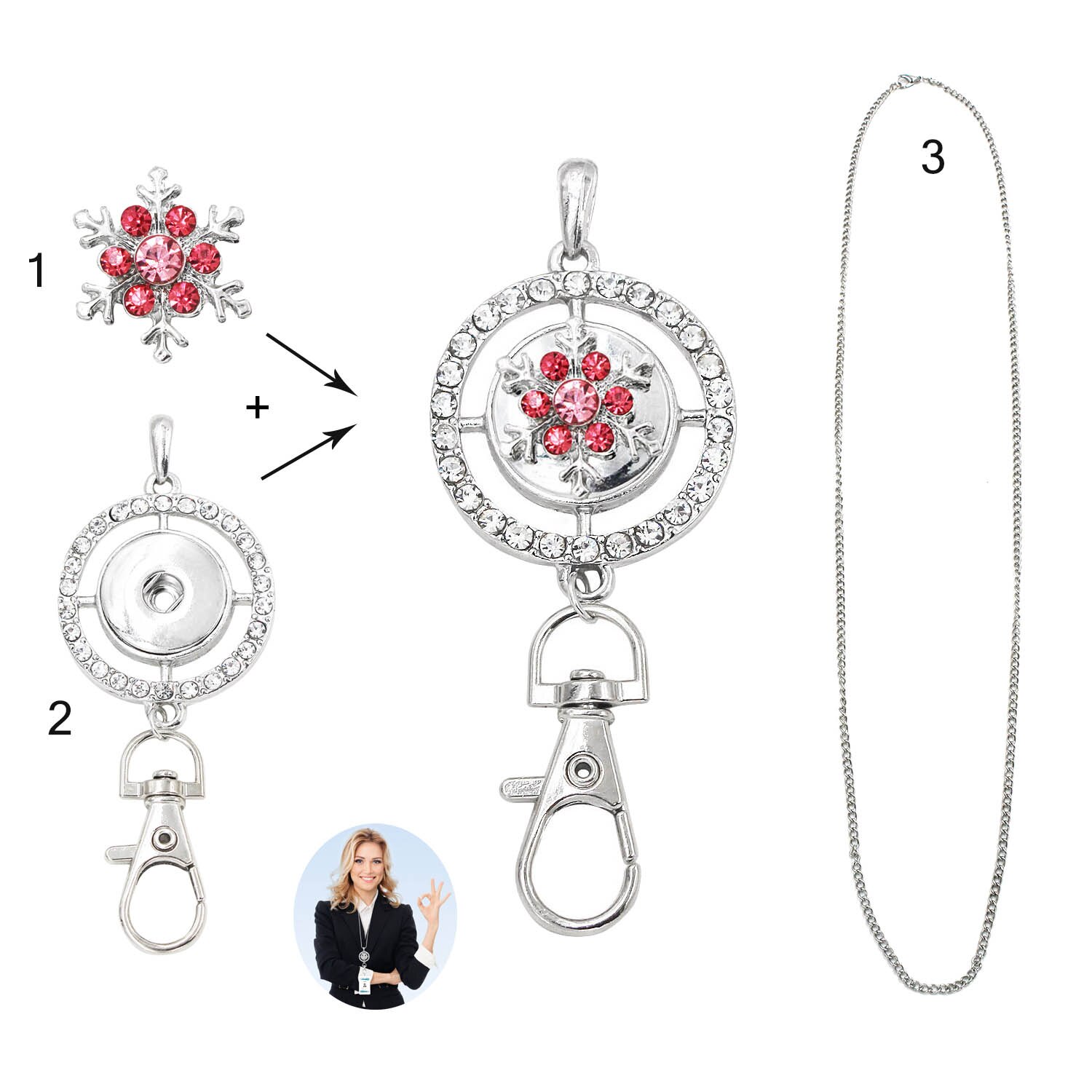 Idclip Schlüsselband Halfter Ich würde Abzeichen Eule schnappen Schmuck Rosa Reize Anhänger Clip Bling Halskette Frauen Büro zubehör: LA09