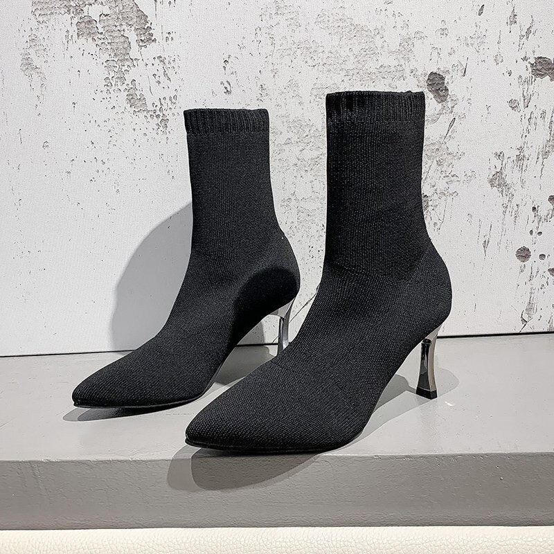 Autumn Luxury Women Black Sock Boots Dancer High Heels Stiletto Boots Winter Stretch Fabric Boots Plus Size