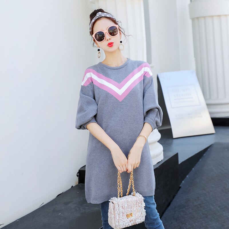 Barsel kvinder hætteløse o-hals lange pufærmer bluser moms loose fit bogstaver strikke pullover mellemlange sweatere
