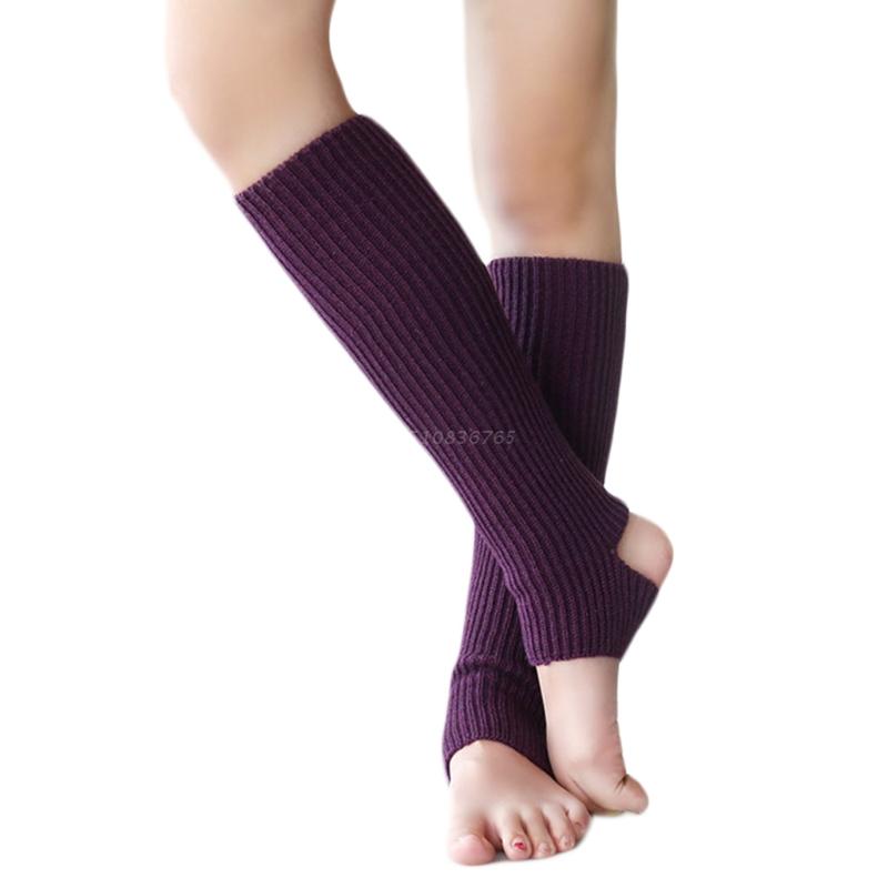 1 Pair Women Girls Ballet Dance Stirrup Leg Warmers Ribbed Knitted Solid Color Toeless Latin Knee High Socks Sleeves: Dark purple