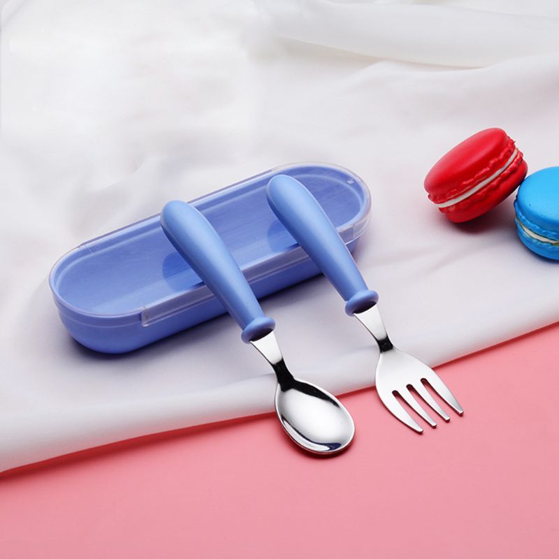 2pcs/lot Baby Feeding Spoon Fork Set Stainless Steel Toddler Infant Tableware Flatware Kids Cutlery with Ant-Dust Box