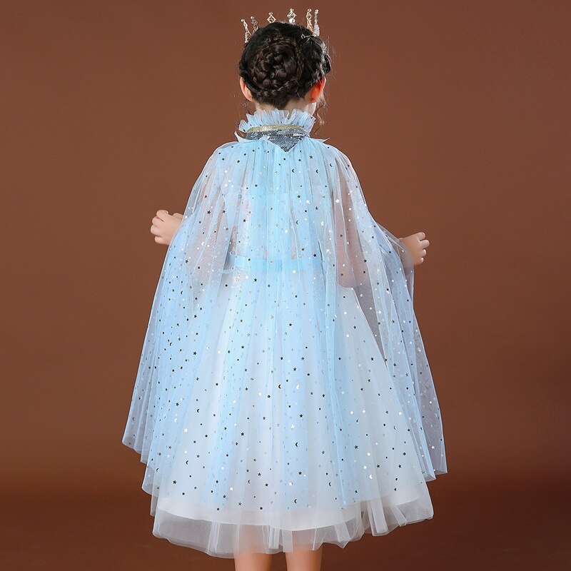 Boiiwant 4-10t pige regnbue pailletter kappe kappe kostume snoretræk tyl prinsesse sofia jasmin aurora fancy dress up kappe: Blå / 7 to 10t