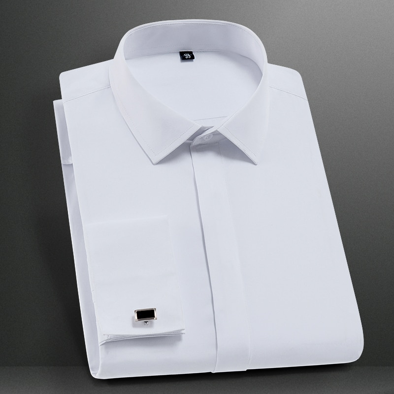Männer Klassische Französisch Manschette Kleid Hemd Abgedeckt Knopfleiste Langarm Rauchen Männlichen Hemden mit Manschettenknöpfe Keine Tasche Büro Arbeiten weiß: Weiß / L