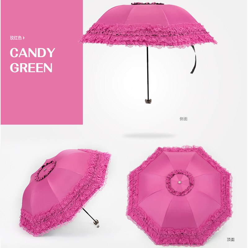 Lace Women Rain Umbrella Sun Paraguas mujer Black Parasol Folding Princess guarda chuva invertido UV Protection Decoration: Rose Pink