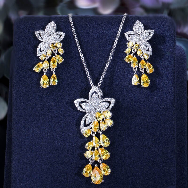 CWWZircons Cubic Zirconia Tassel Flower Earrings and Pendant Necklace Ladies Jewelry Sets T334: yellow