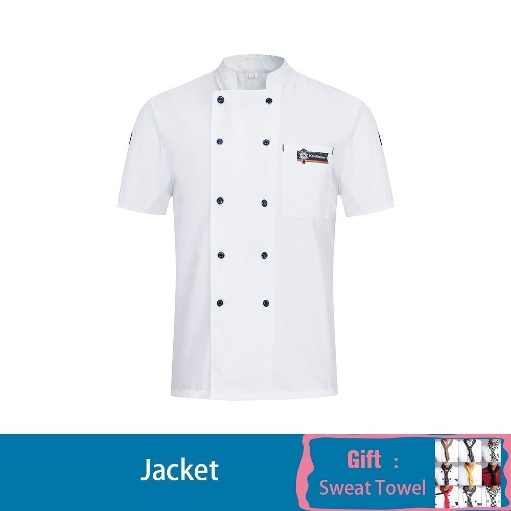 Chaqueta de Chef con pañuelo de cocinero gratis, uniforme de camarero, ropa de trabajo de manga corta, Catering, camisa de cocinero, cocina, café, monos de Hotel: Blanco / 4XL
