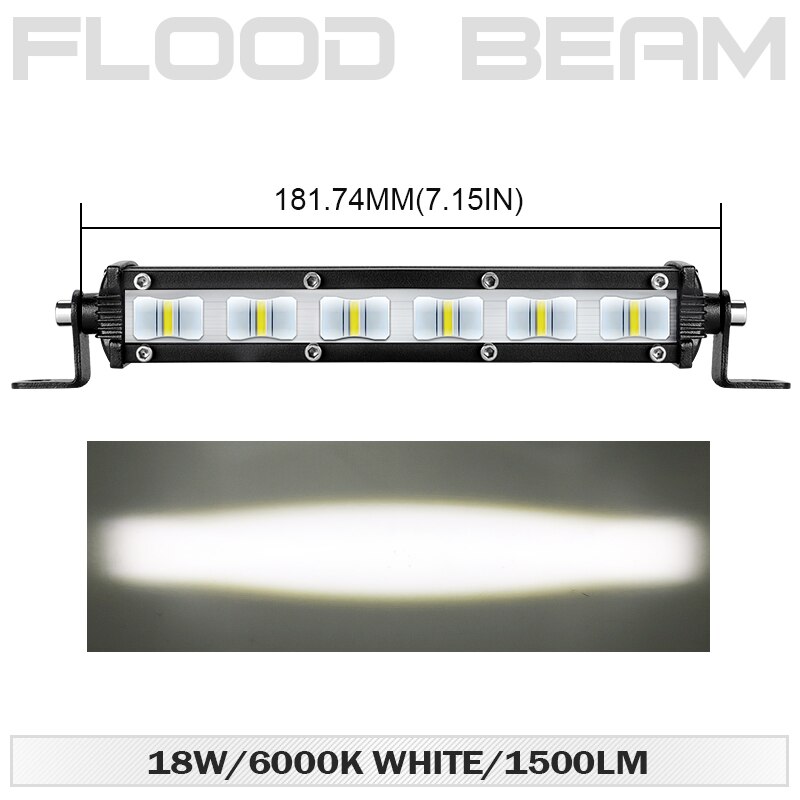 Racbox Ultra Slim 7 Inch Enkele Rij Led Licht Bar Flood Beam 18W 6D Lens 6000K Wit Spotlight voor Atv Suv 4WD 4X4 Off Road 12V: 1 piece Flood light